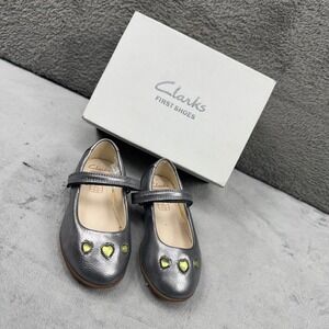 Clarks First Shoes Silver Leather Mary Jane Flats Yellow Heart Girls Size 5F 21M
